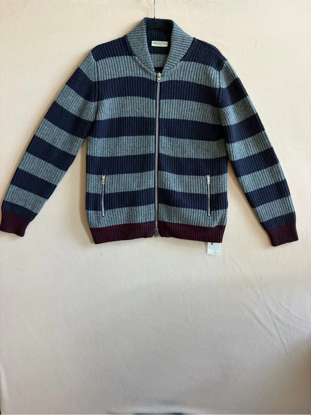 Roberto Collina Men’s Italy Striped Ribbed Wool Knit Zip Cardigan size 48 or M